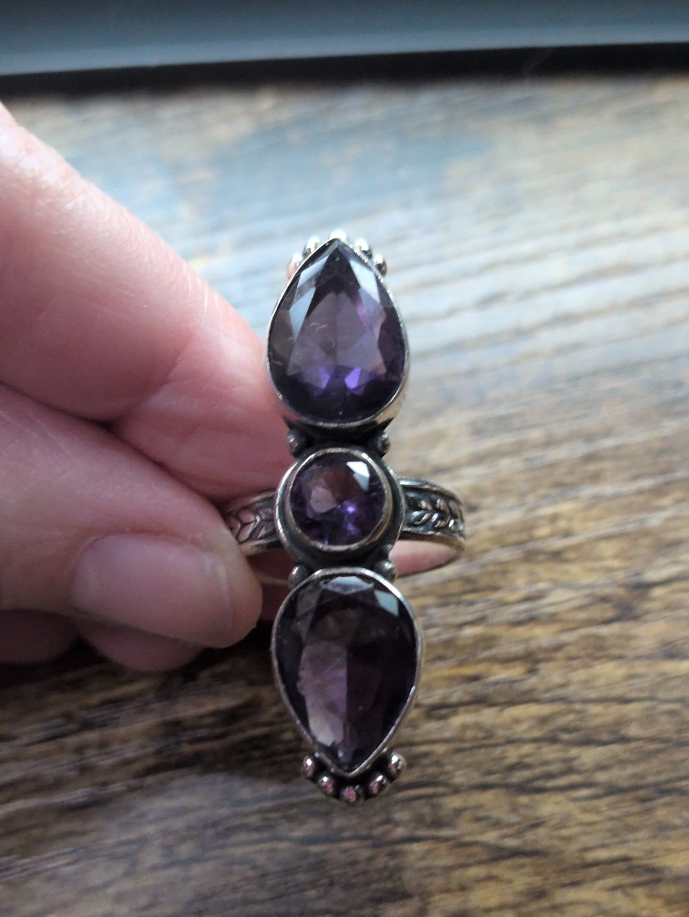 Sterling Silver African Amethyst Triple Stone Ring - Purple
